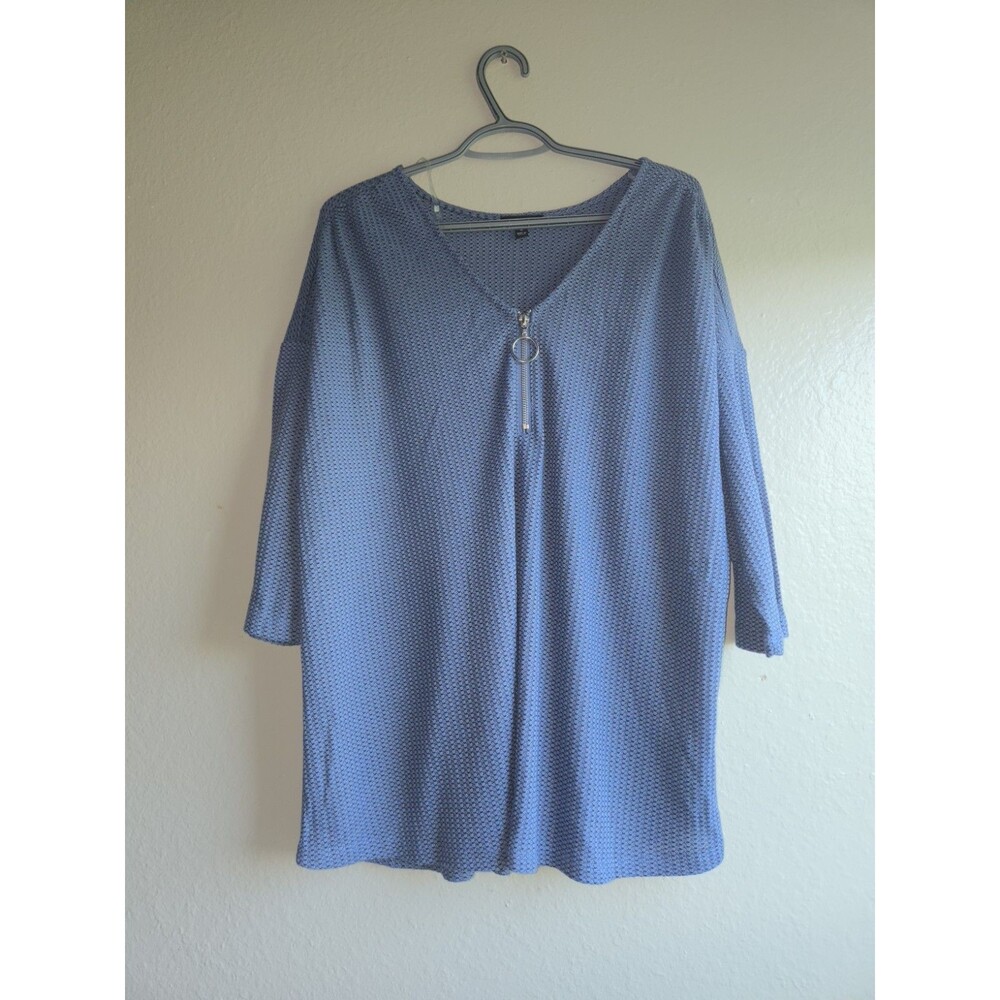 A.U.W. Blue Zip Neck Textured Blouse Top 1X Plus Size NWT